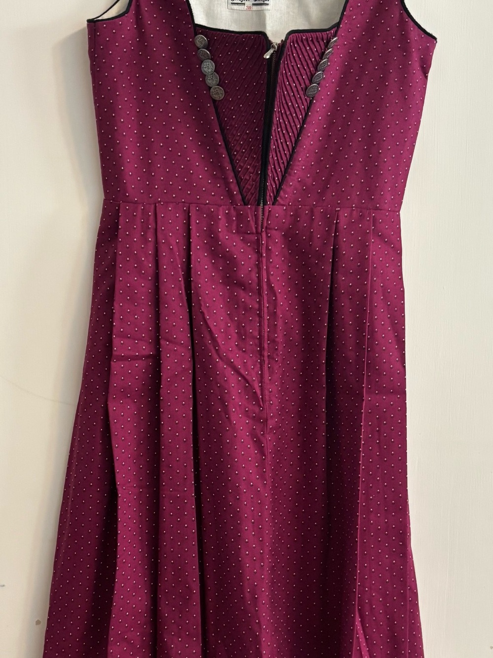 Classic Women's Dirndl Dress in Deep Magenta with Polka Detail